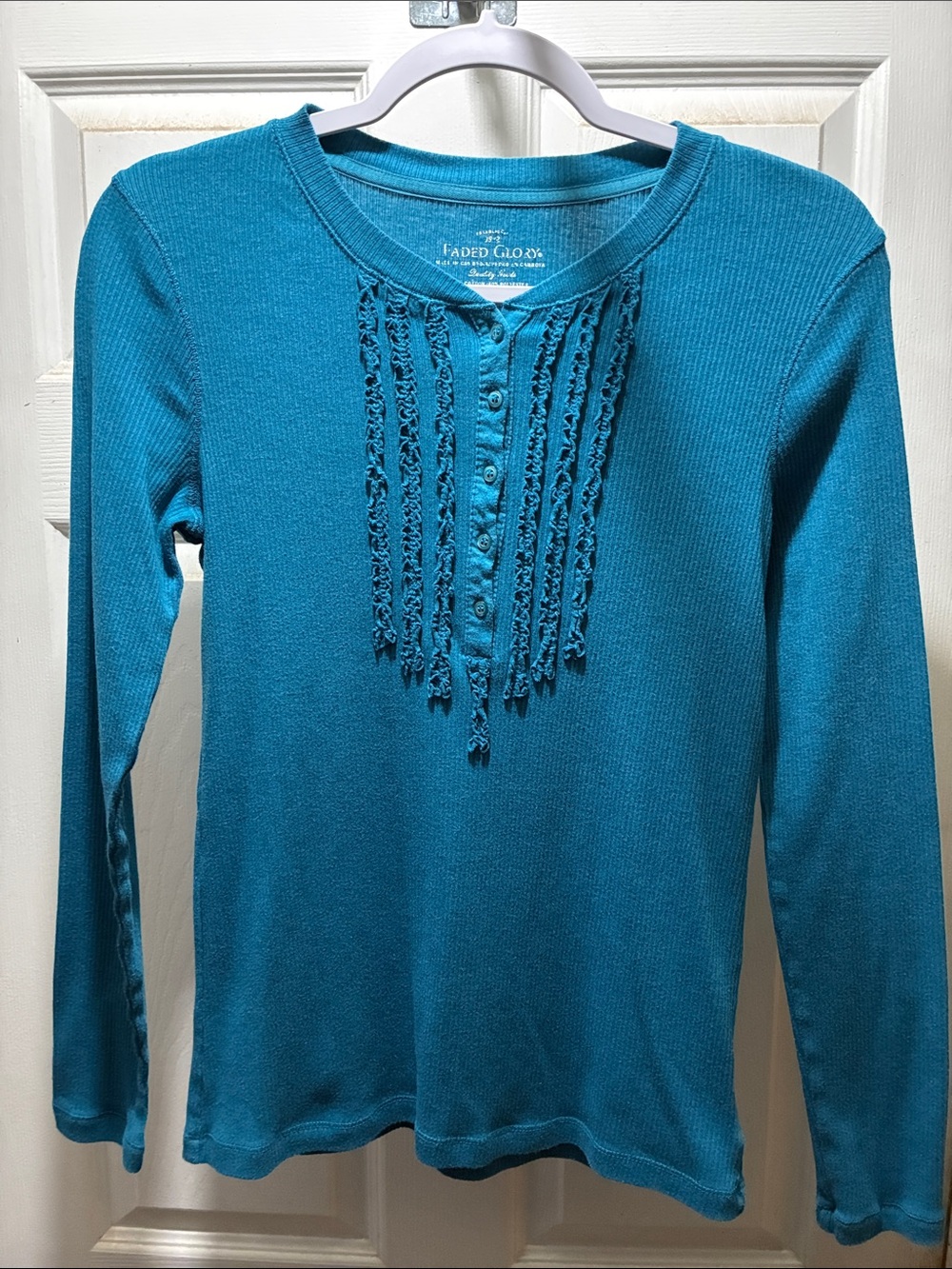 Faded Glory Teal Ruffle-Trim Ribbed Henley